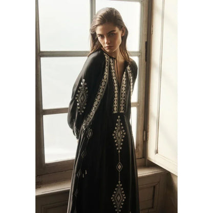 V-neck Lantern Sleeve Free Style Cotton Boho Dress