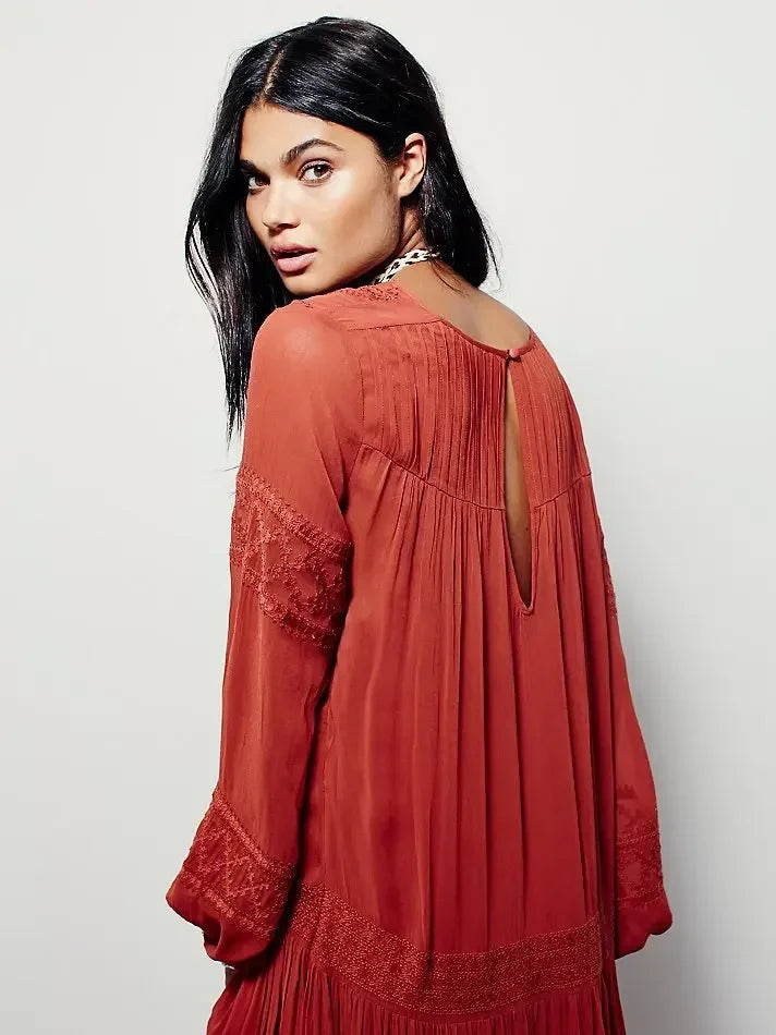 Embroidery Flower V-neck Split Mini Boho Dress
