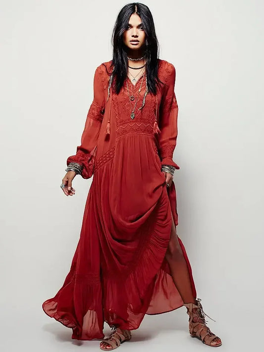 Embroidery Flower V-neck Split Mini Boho Dress