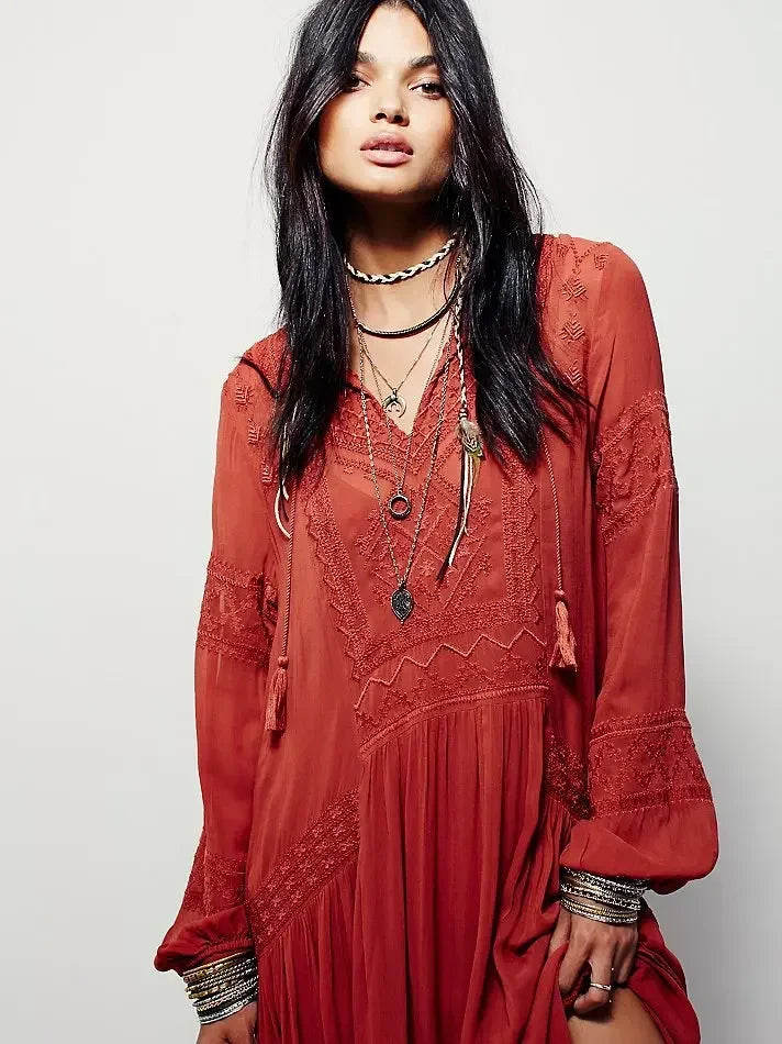 Embroidery Flower V-neck Split Mini Boho Dress