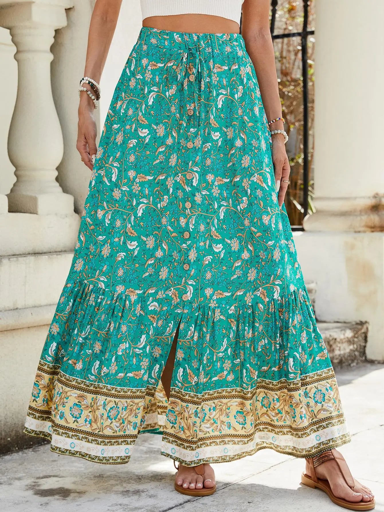 Women Boho Maxi Skirts Button Down Floral A-line Hippie Chic