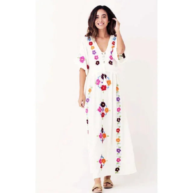Romantic Floral Embroidery White Cotton Boho Dress
