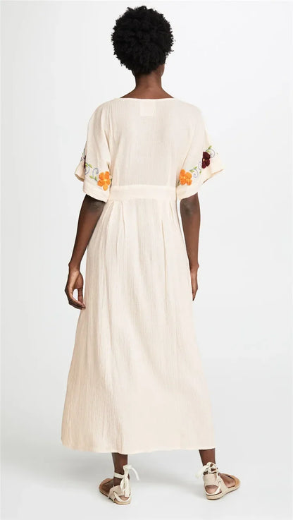 Romantic Floral Embroidery White Cotton Boho Dress