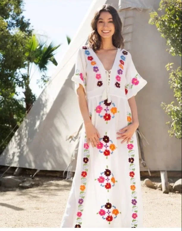 Romantic Floral Embroidery White Cotton Boho Dress
