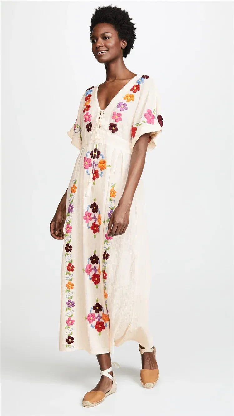 Romantic Floral Embroidery White Cotton Boho Dress