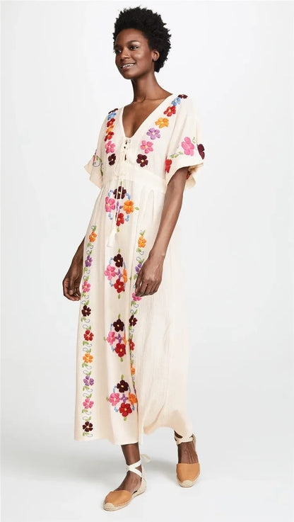 Romantic Floral Embroidery White Cotton Boho Dress