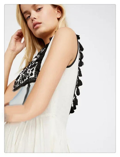 Floral Embroidery Sleeveless Tassel Cotton Boho Dress