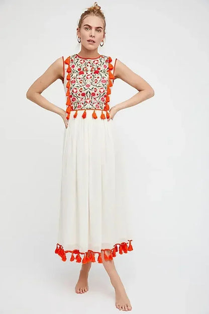Floral Embroidery Sleeveless Tassel Cotton Boho Dress