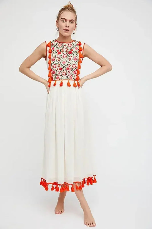 Floral Embroidery Sleeveless Tassel Cotton Boho Dress