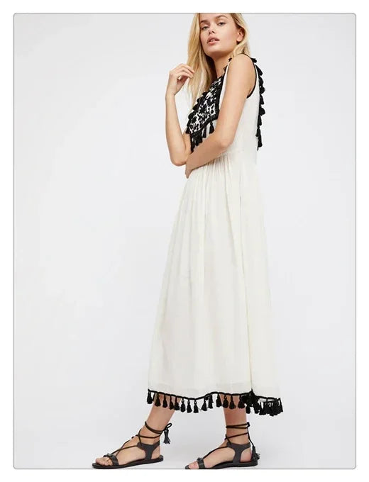 Floral Embroidery Sleeveless Tassel Cotton Boho Dress