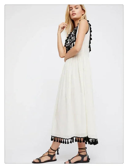 Floral Embroidery Sleeveless Tassel Cotton Boho Dress