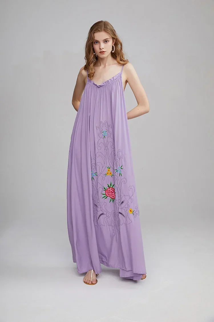 Floral Embroidery Backless Strapless Cotton Boho Dress