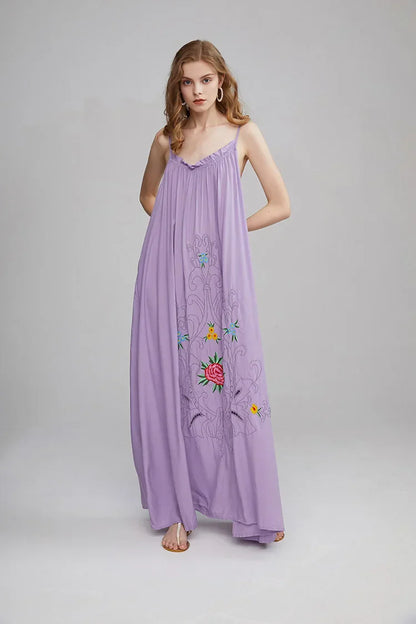 Floral Embroidery Backless Strapless Cotton Boho Dress