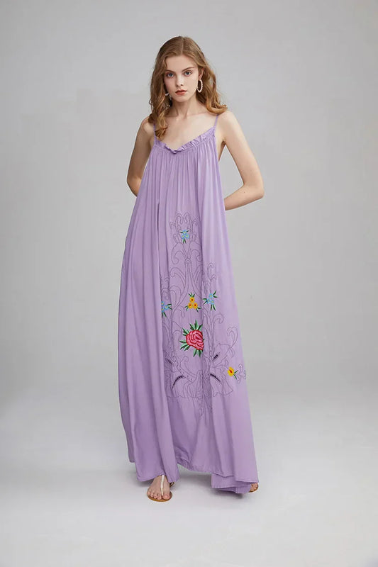 Floral Embroidery Backless Strapless Cotton Boho Dress