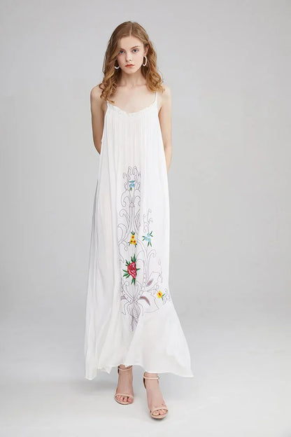Floral Embroidery Backless Strapless Cotton Boho Dress