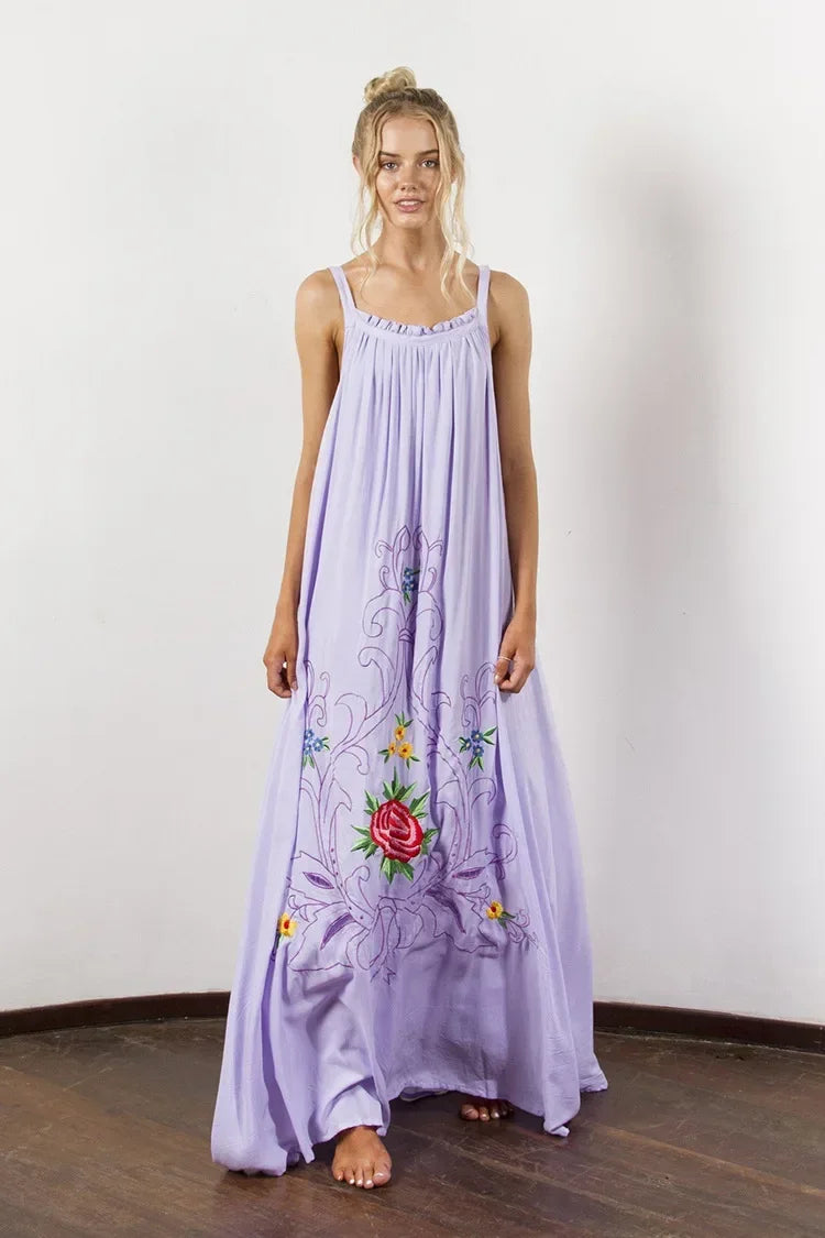 Floral Embroidery Backless Strapless Cotton Boho Dress