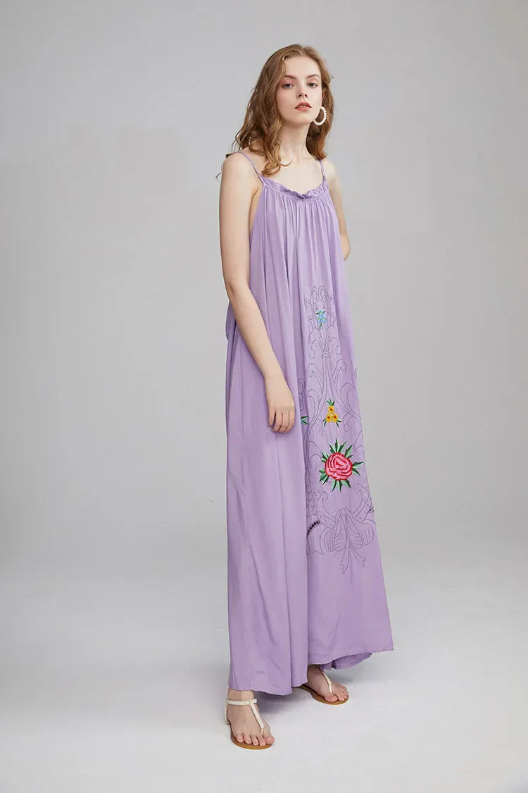Floral Embroidery Backless Strapless Cotton Boho Dress