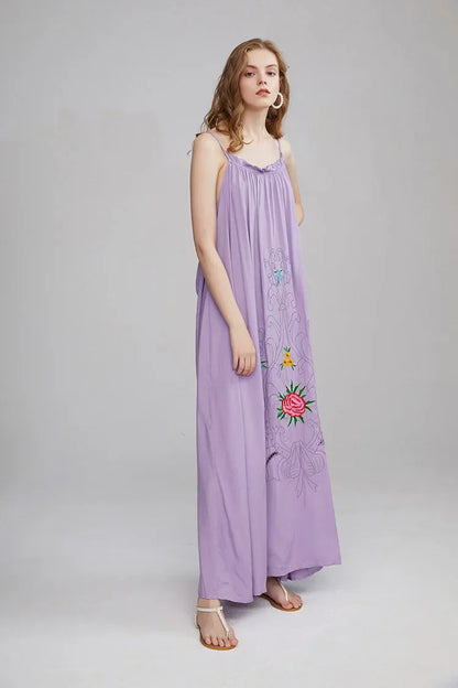 Floral Embroidery Backless Strapless Cotton Boho Dress
