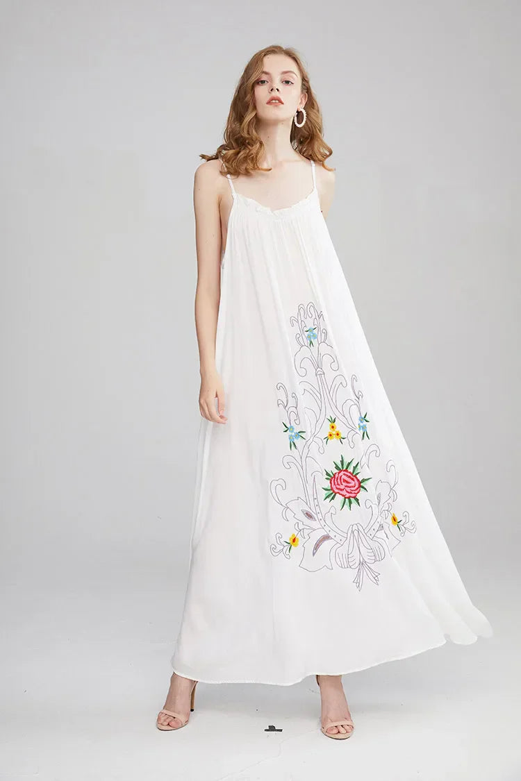 Floral Embroidery Backless Strapless Cotton Boho Dress