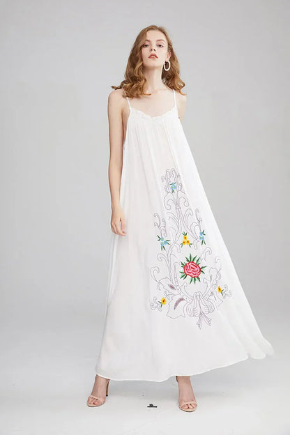 Floral Embroidery Backless Strapless Cotton Boho Dress