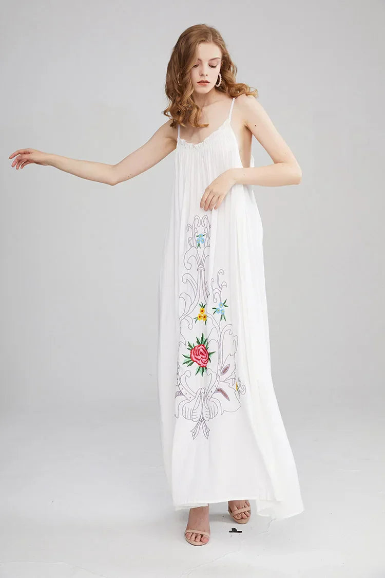 Floral Embroidery Backless Strapless Cotton Boho Dress