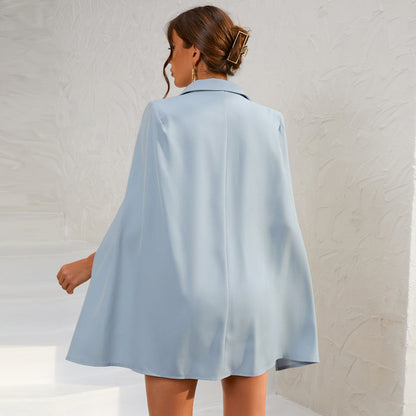 Cape Blazer Mini Dress with Belt and Gold Button Detail