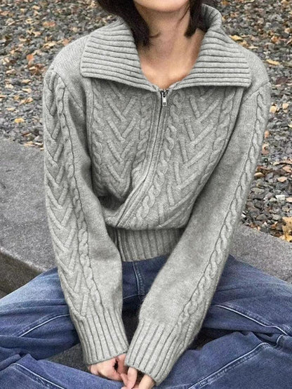 Twist lapel neck zip up cardigan