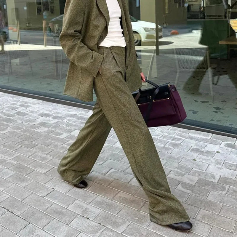Turn-down Collar Loose Trousers Office Two Piece Set