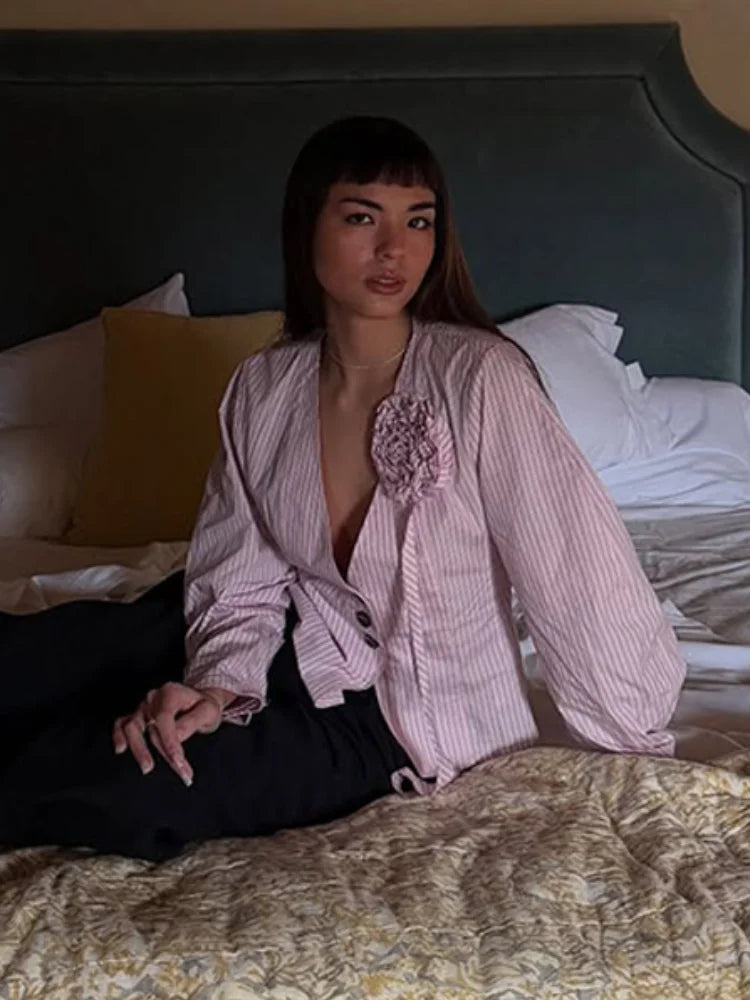 3D Flower Splicing V Neck Pink Blouse