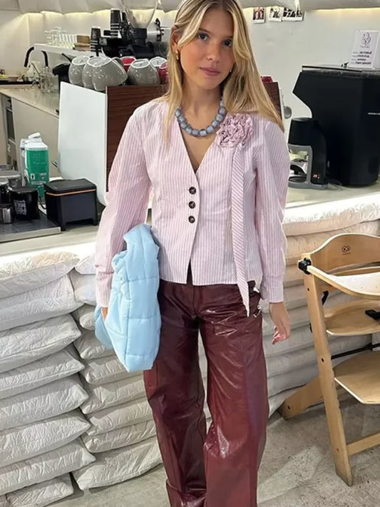 3D Flower Splicing V Neck Pink Blouse