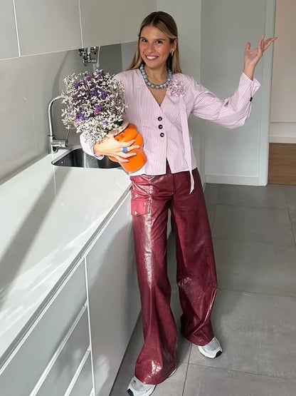 3D Flower Splicing V Neck Pink Blouse