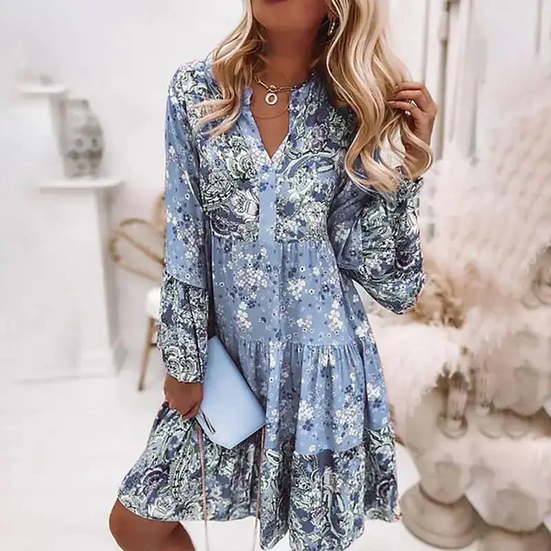 Casual Boho Floral V-neck Ruffled A-line Beach Party Floral Dress