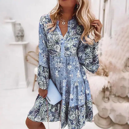 Casual Boho Floral V-neck Ruffled A-line Beach Party Floral Dress
