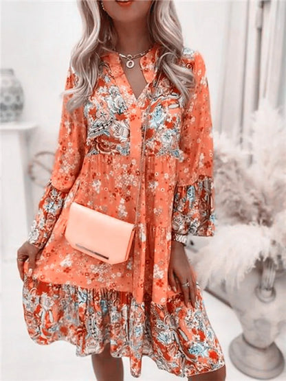 Boho Casual V-neck Loose A-line Floral Beach Party Dress