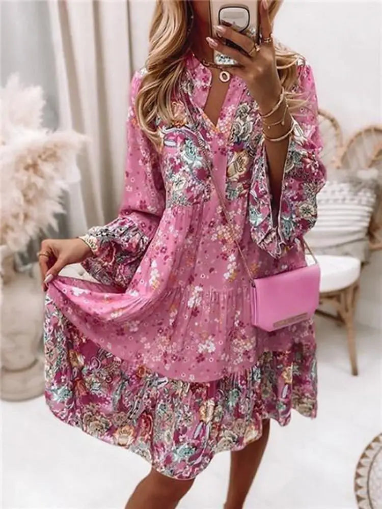 Boho Casual V-neck Loose A-line Floral Beach Party Dress