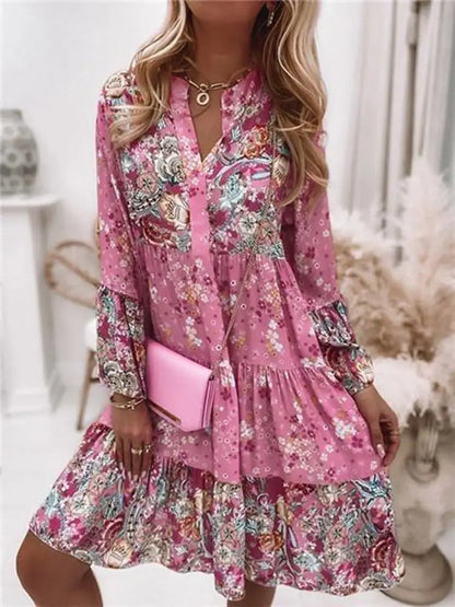 Boho Casual V-neck Loose A-line Floral Beach Party Dress