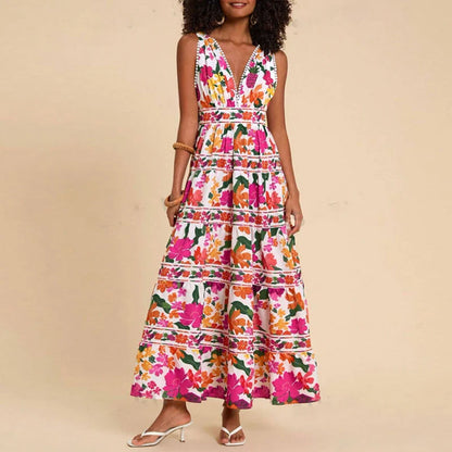Floral Print High Waist Bohemian Beach Dress
