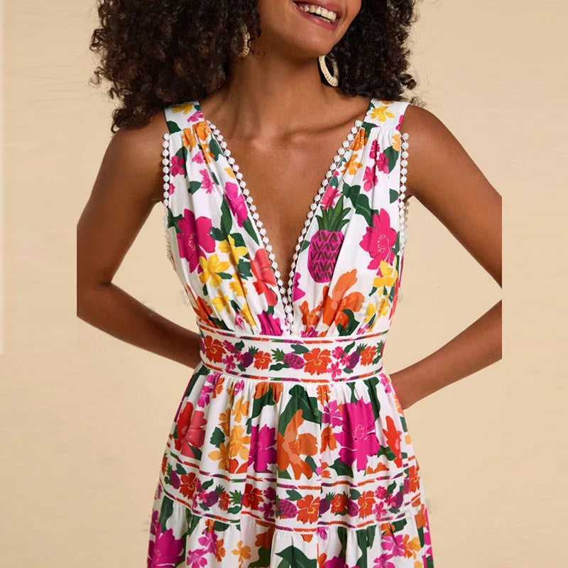 Floral Print High Waist Bohemian Beach Dress