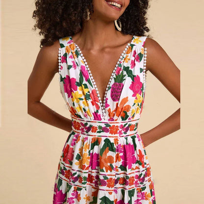 Floral Print High Waist Bohemian Beach Dress