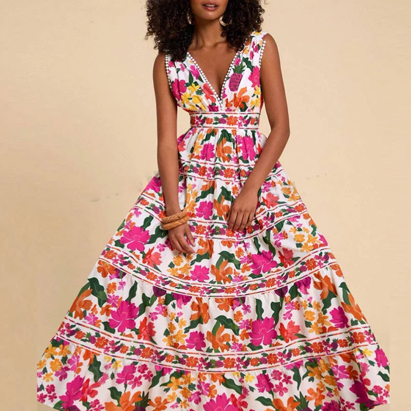 Floral Print High Waist Bohemian Beach Dress