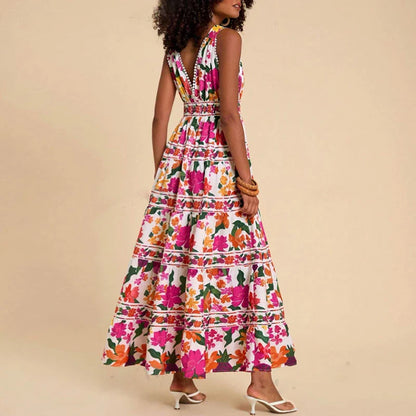 Floral Print High Waist Bohemian Beach Dress