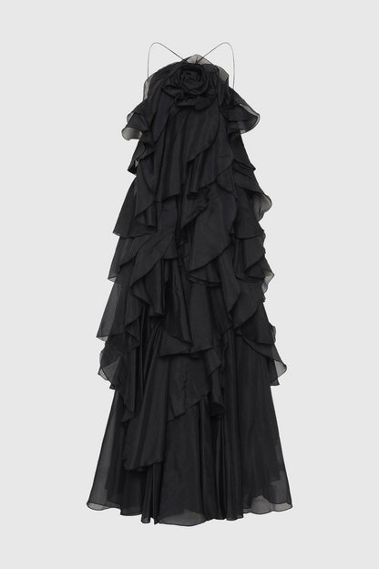 Caysie Halter Floral Ruffle Layered Maxi Dress - Black
