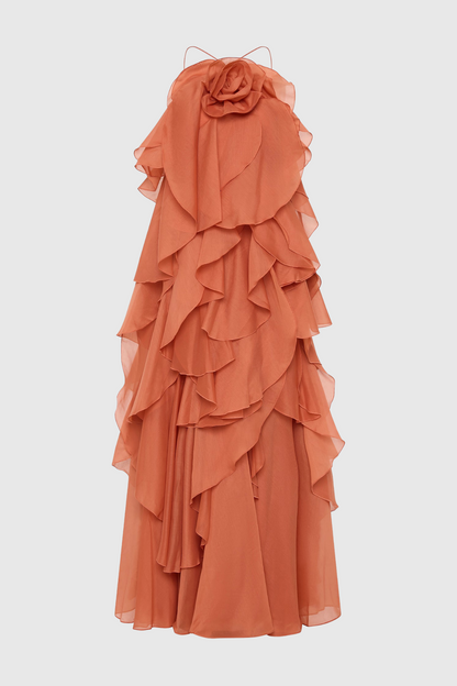 Caysie Halter Floral Ruffle Layered Maxi Dress - Orange
