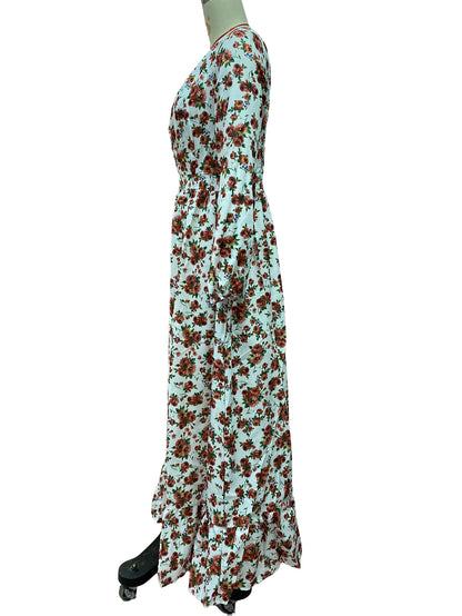 Long Sleeve Floral Maxi Gown - Pink Boho Flowy V Neck Ruffle Dress - Spring Holiday Beach 2026