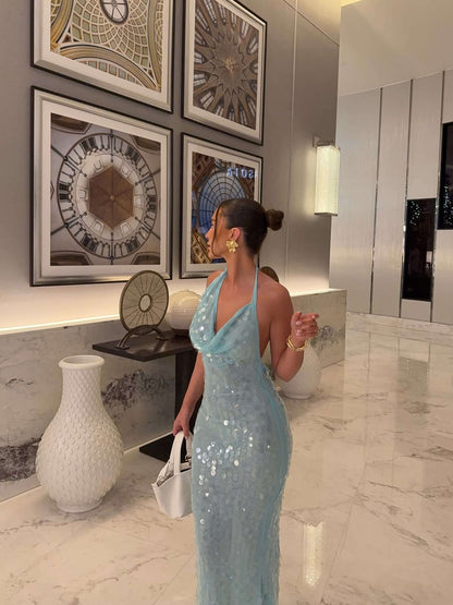 Melody | Iridescent sequin drape | halter maxi dress