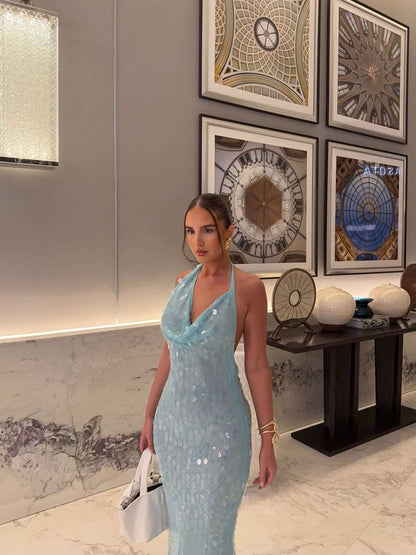 Melody | Iridescent sequin drape | halter maxi dress