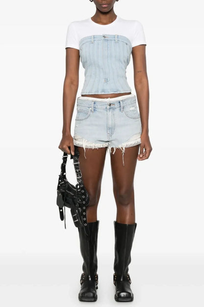 Chaeli Lace-layer Denim Shorts - Blue