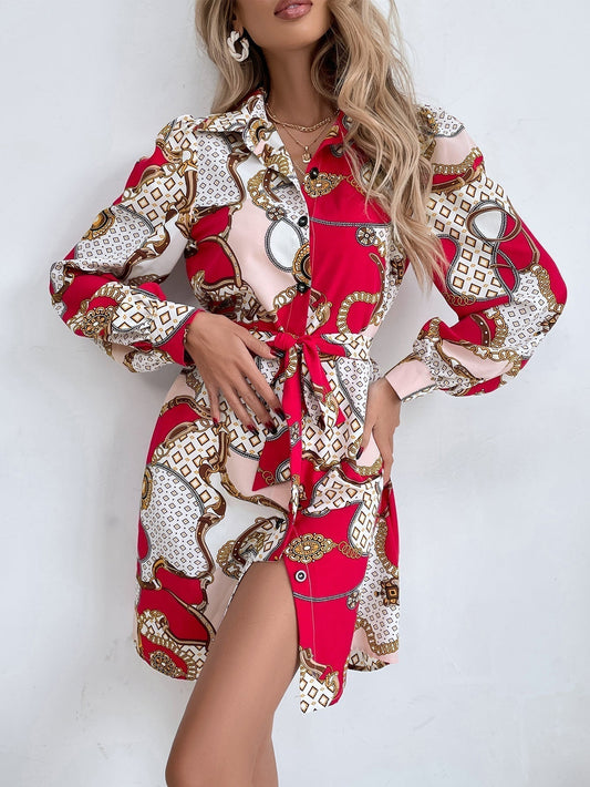 Chain Print Collar Button Self-Tie Belt Long Sleeve Shirt Mini Dress