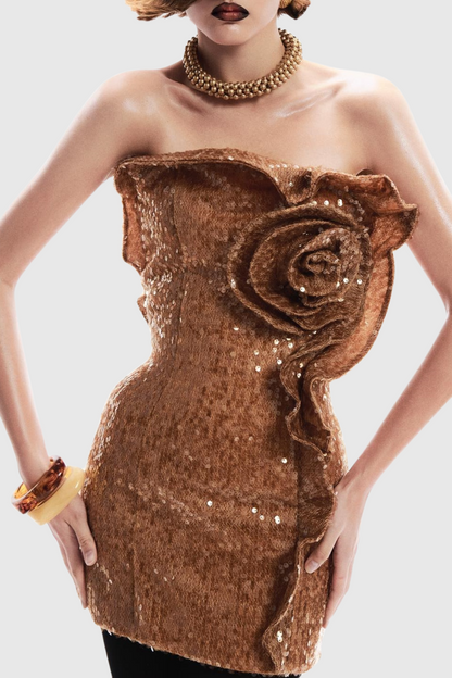 Charae Sequin Floral Strapless Mini Dress