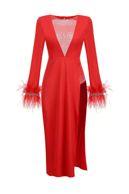 Charlee Red Feather Diamante Dress
